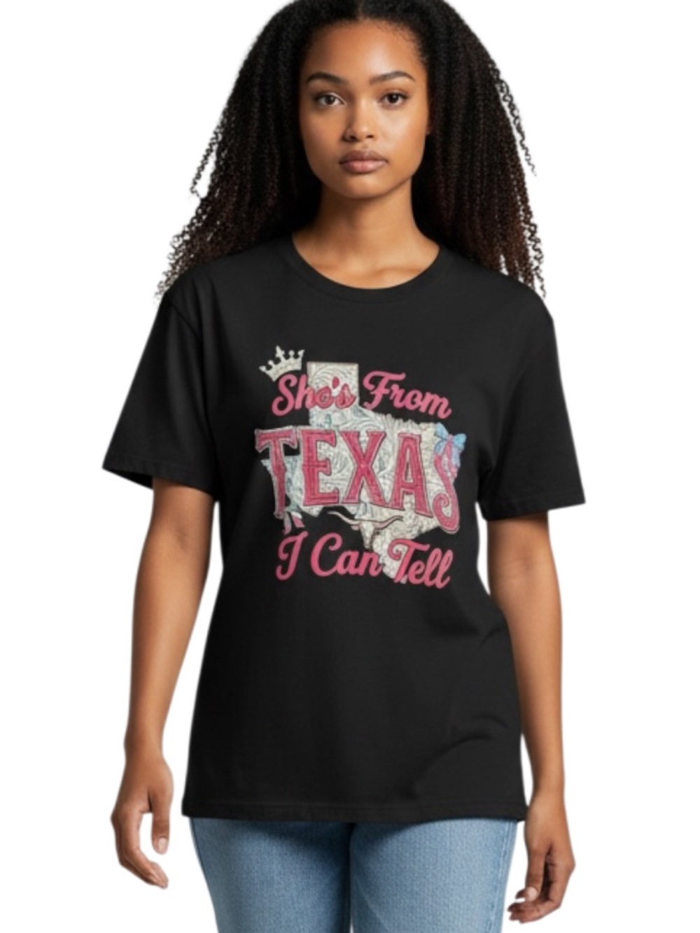 Source Unknown Black Graphic Tee with Pink & Cream Texas Print